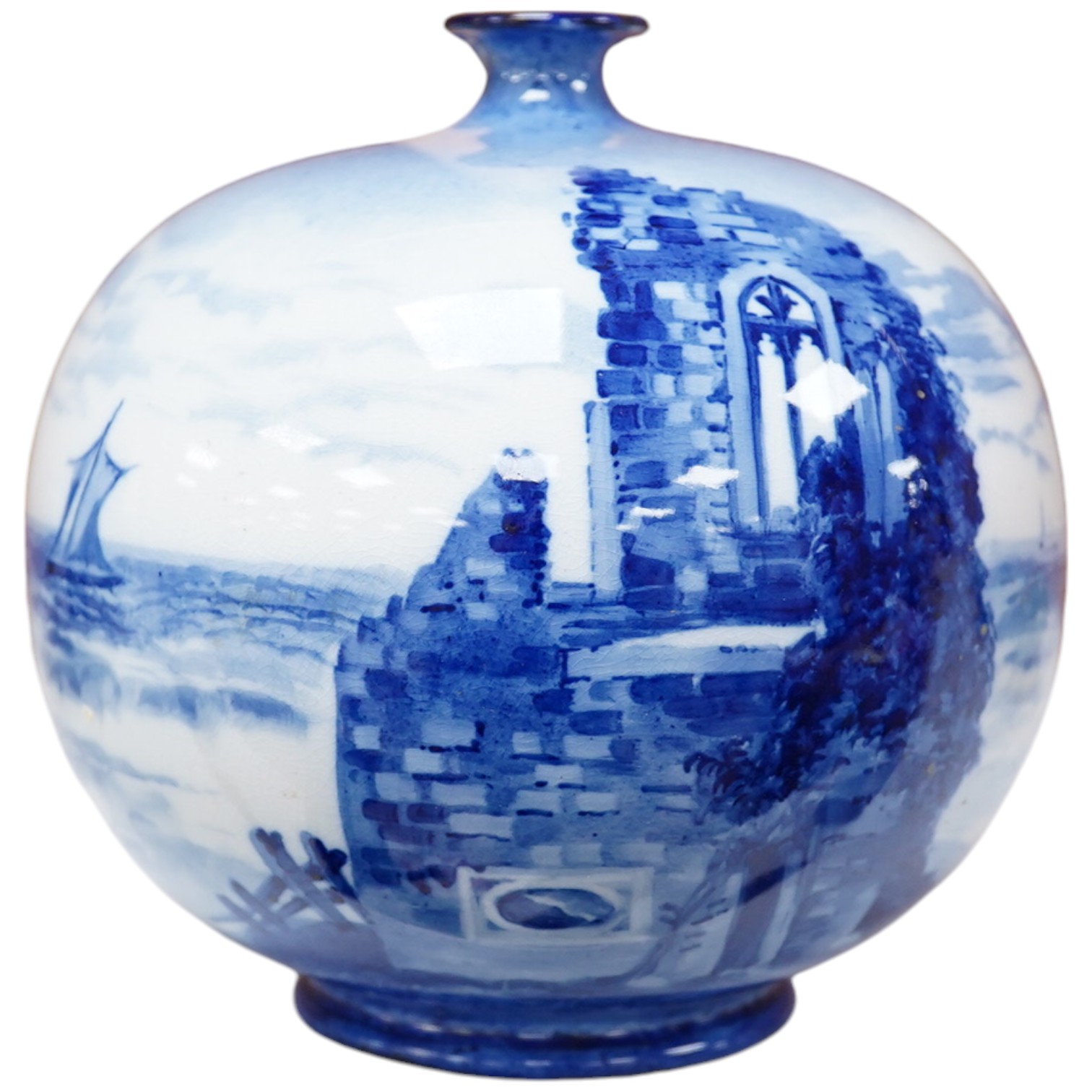 A Doulton Burslem Mount Edgecumbe, Plymouth blue and white signed vase, 14.5cm high. Condition - top rim broken